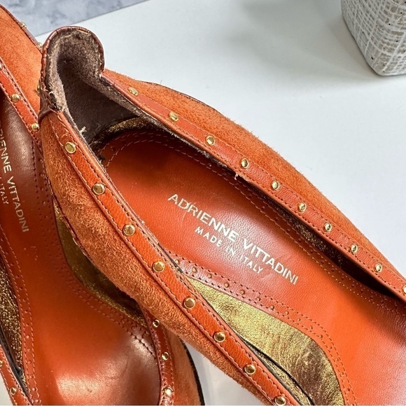 Adrienne Vittadini brown Italian leather suede gold studded heels - Picture 7 of 8